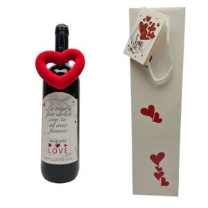 Bottiglia idea regalo personalizzata con etichetta e shopper dedicata all'amore