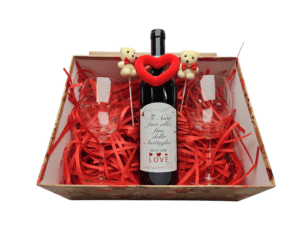 Scatola idea regalo con bottiglia vino e calici personalizzati