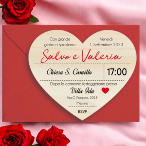 Invito partecipazione matrimonio forma cuore in legno personalizzabile con busta - immagine 2