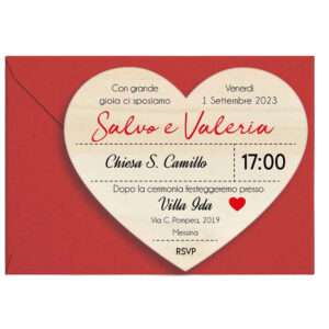 Invito partecipazione matrimonio forma cuore in legno personalizzabile con busta